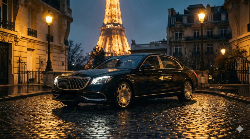 Luxury Mercedes Maybach in Paris at night